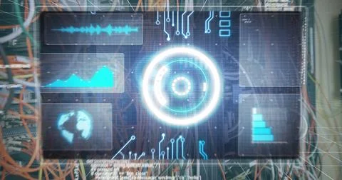 Image of data processing in on digital screen and computer wires Stock Photos