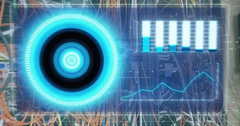 Image of data processing in on digital screen and computer wires Foto stock