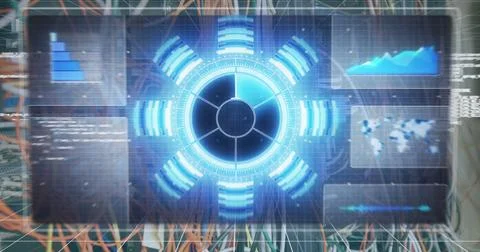Image of data processing in on digital screen and computer wires Foto stock