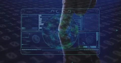 Image of data processing on digital screen and hand of man using touchscreen Stock Photos