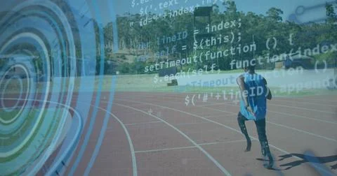 Image of data processing on digital screen over african american male runne.. Foto stock