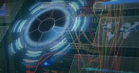 Image of data processing on digital screen over server Foto stock