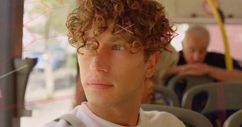Image of data processing on digital screen over caucasian man in bus Photos