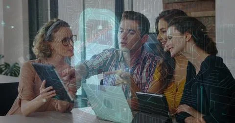 Image of data processing on digital screen over diverse female and male Stock Photos