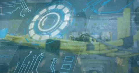 Image of data processing on digital screen over computer wire Foto stock