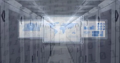 Image of data processing on digital screens over tech room with computer servers 스톡 일러스트