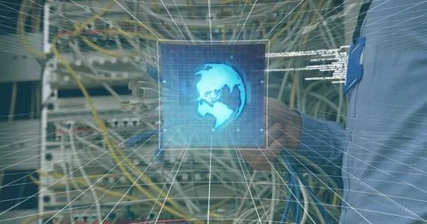 Image of data processing on digital screens moving over server Stockfoto's