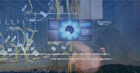 Image of data processing on digital screens over servers Stock Photos
