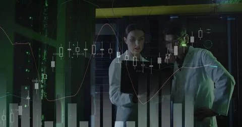 Image of data processing, diverse male and female it engineers with laptop by 스톡 사진