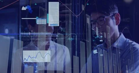 Image of data processing, diverse male and female it engineers by computer 스톡 사진