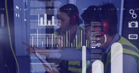 Image of data processing, diverse male and female it engineers with tablet by 스톡 사진