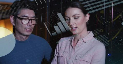 Image of data processing, diverse male and female it engineers with tablet by 스톡 사진