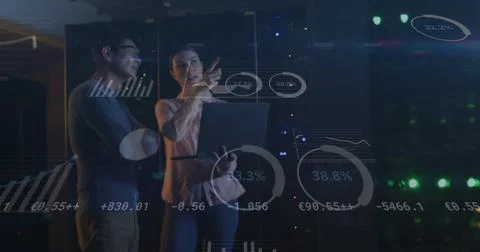 Image of data processing, diverse male and female it engineers with laptop by 스톡 사진