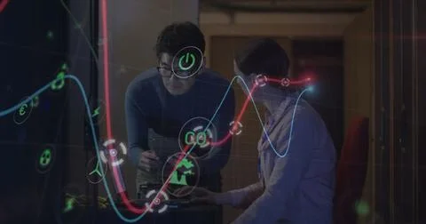 Image of data processing, diverse male and female it engineers with laptop by 写真素材