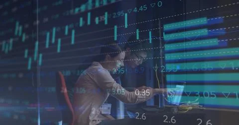 Image of data processing, diverse male and female it engineers with laptop by 스톡 사진