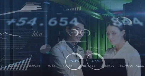 Image of data processing, diverse male and female it engineers with laptop by 스톡 사진