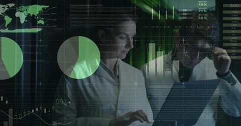Image of data processing, diverse male and female it engineers with laptop by 스톡 사진