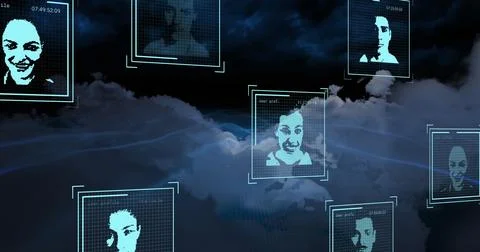 Image of data processing with diverse people portraits over sky with clouds 写真素材