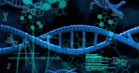 Image of data processing, dna and chemical structures floating against blue Stock Photos