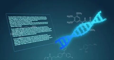 Image of data processing with dna strand and chemical formula on blue backg.. Stock Photos