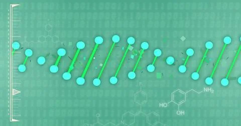 Image of data processing with dna strand and chemical formula on green back.. Foto stock