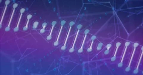 Image of data processing, dna strand and shapes on blue background Foto stock