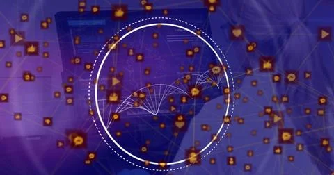 Image of data processing with dna strand over caucasian woman using computer 스톡 사진