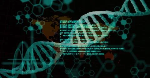 Image of data processing with dna strand over world map 스톡 사진