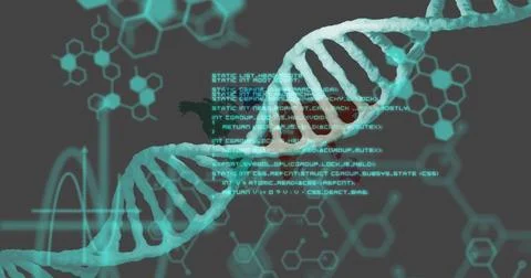 Image of data processing with dna strand over world map Foto stock