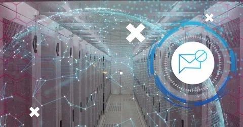 Image of data processing with envelope icon over server room Illustrazione stock