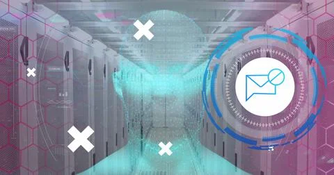Image of data processing with envelope icon over server room 库存插图