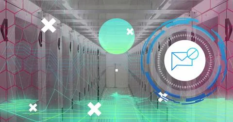 Image of data processing with envelope icon over server room 库存插图