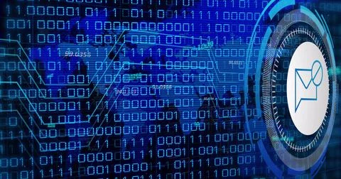 Image of data processing with envelope icon over blue background Illustrazione stock