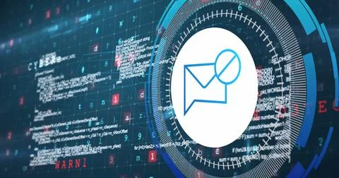 Image of data processing with envelope icon over blue background Foto stock