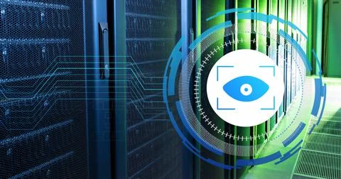 Image of data processing with eye icon over server room 库存插图