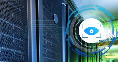 Image of data processing with eye icon over server room 스톡 일러스트