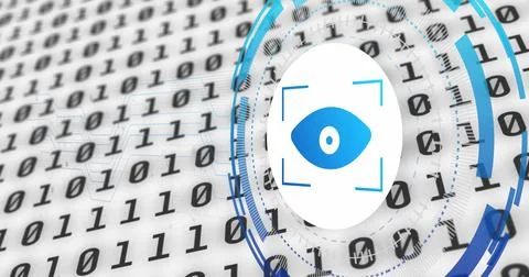 Image of data processing with eye icon over white background Stock Photos