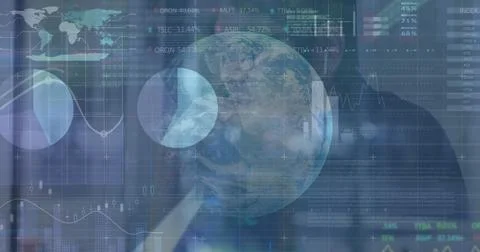 Image of data processing financial globe blue background Foto stock