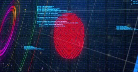 Image of data processing, fingerprint and colorful shapes on navy background Stock Photos