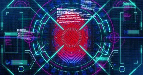 Image of data processing, fingerprint and neon shapes on navy background 写真素材