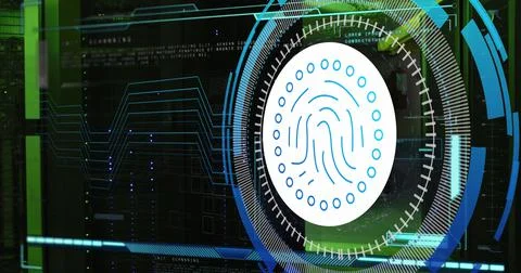 Image of data processing with fingerprint icon over server room 库存插图