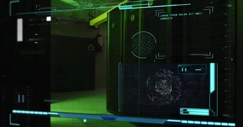 Image of data processing with fingerprint icon over server room Illustrazione stock