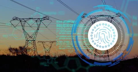 Image of data processing with fingerprint icon over pylons Stock Photos