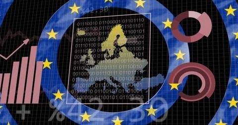 Image of data processing, flag and map of europe over black background Stock Photos