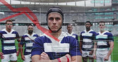 Image of data processing in frames over multi-ethnic male rugby team standi.. Stock Photos