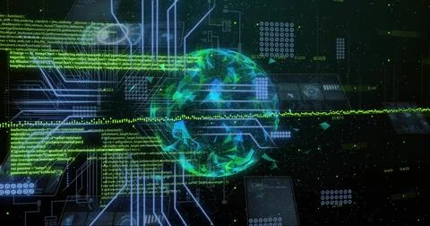 Image of data processing with globe and network of connections on black Stock Illustration