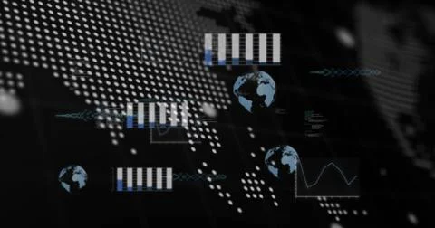Image of data processing with globe and world map on black background 스톡 일러스트