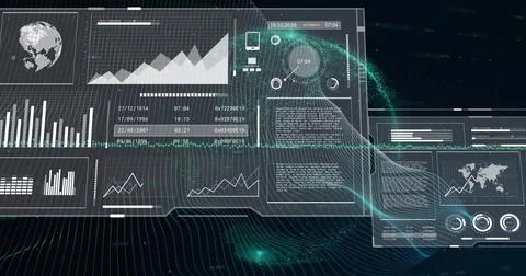 Image of data processing with globe and lines on black background Stock Photos
