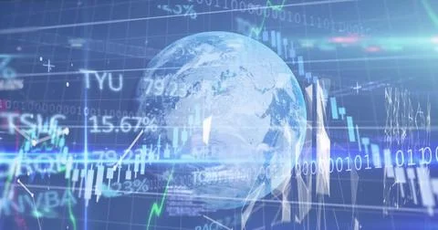 Image of data processing, globe and lights on navy background Foto stock