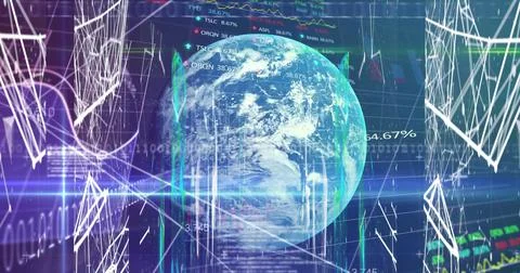 Image of data processing, globe and connections on navy background Foto stock